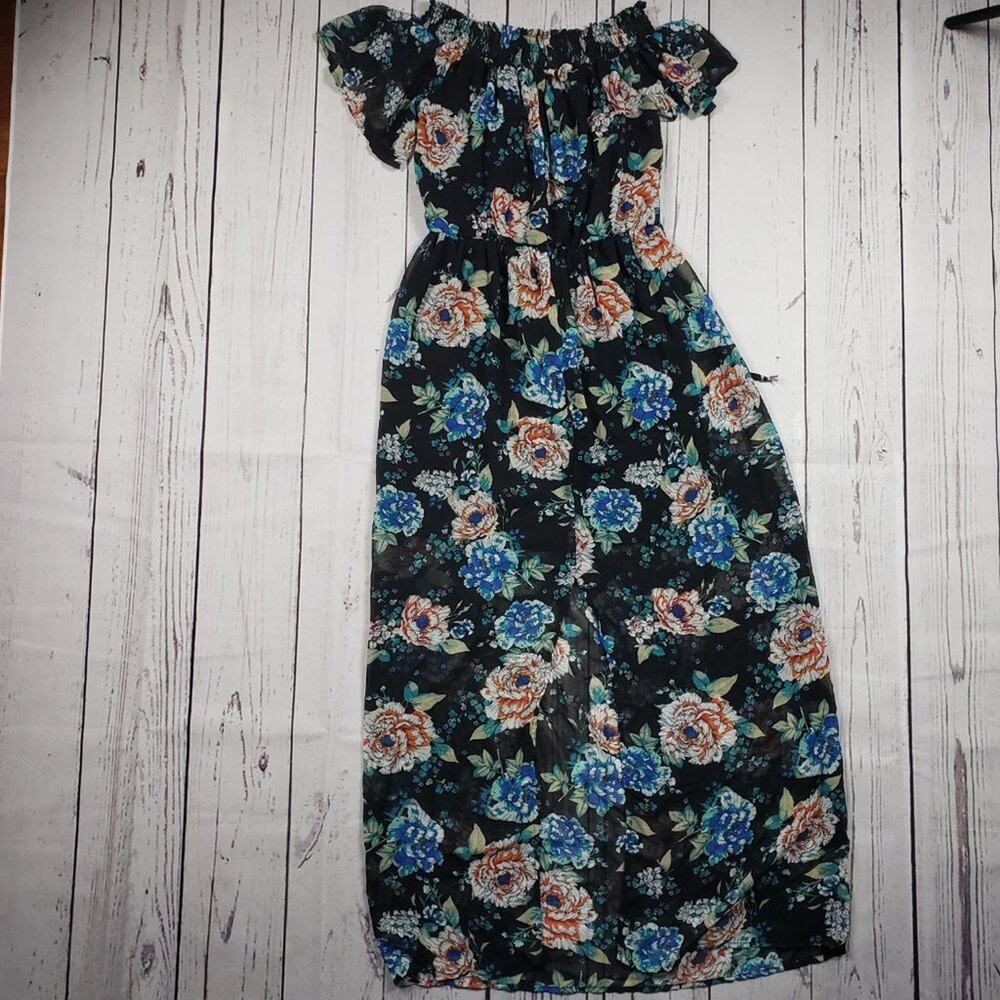 As U Wish Off-Shoulder Black Floral Short Sleeve Maxi Dress Women's Size Medium - Picture 8 of 11